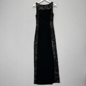 Lauren Ralph Lauren Evening Gown Womens 6 Black Lace Sequin Panel Ruched Maxi